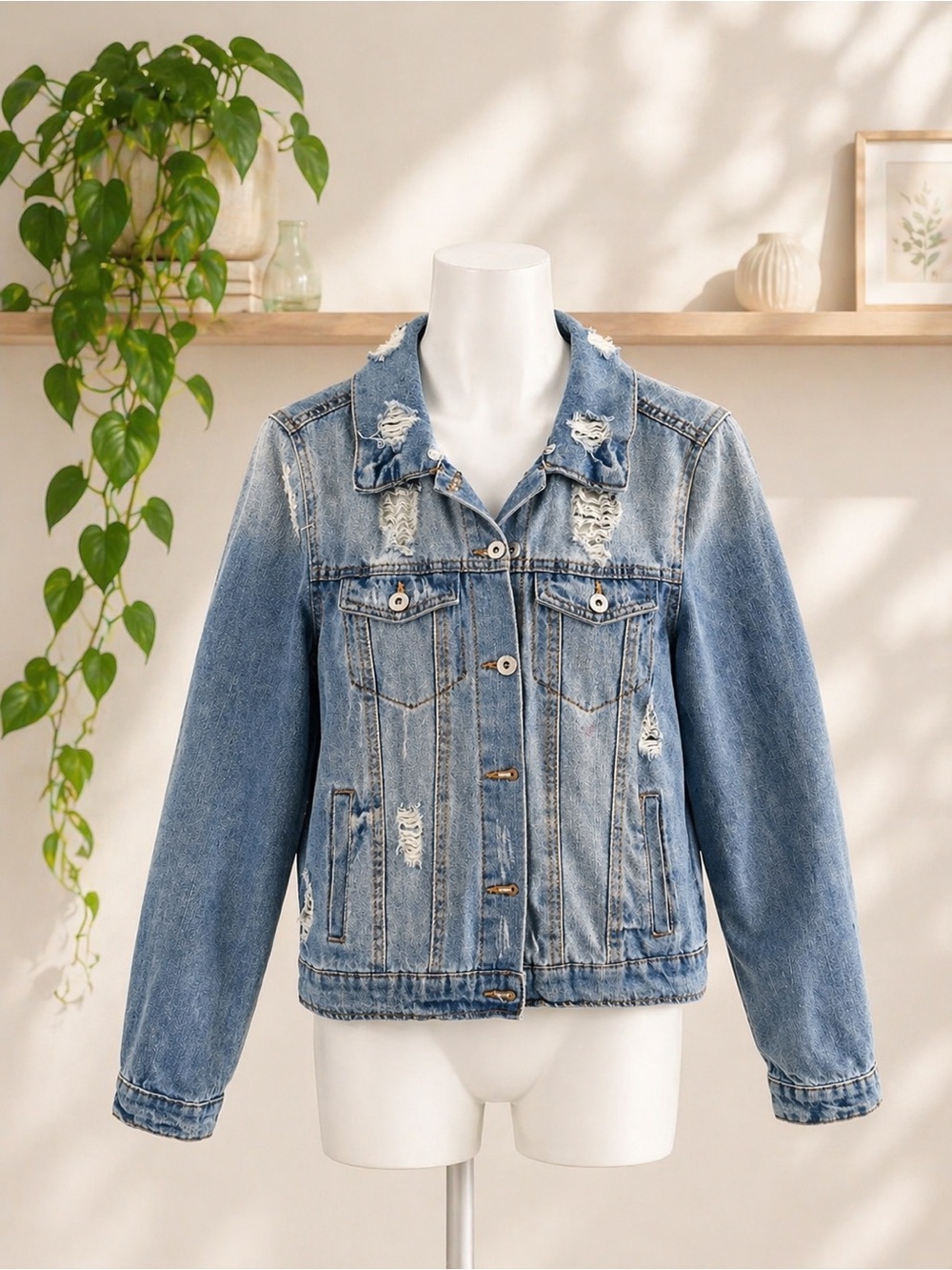Distressed Light Wash Denim Jacket - Blue